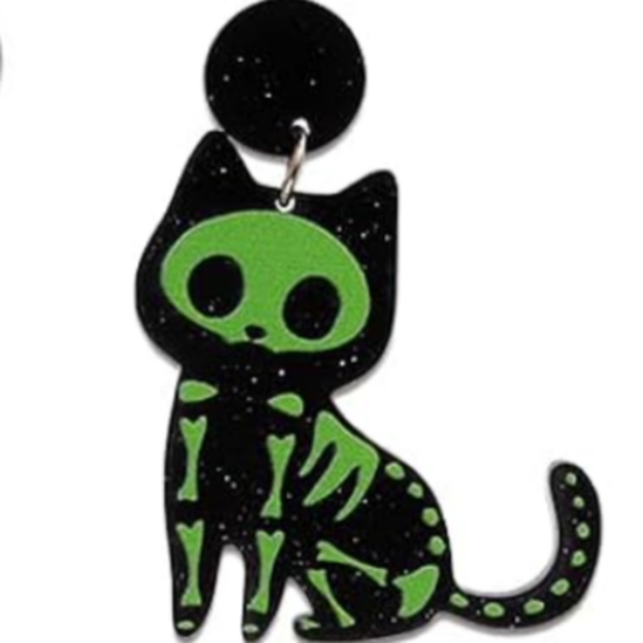 Black and Green Cat X-Ray Skeleton Earrings Acrylic Skeletons Cats Halloween New - Picture 2 of 6
